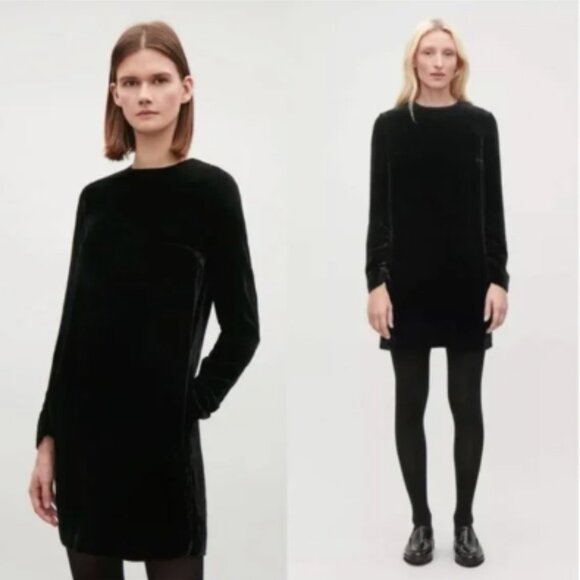 COS Black Velvet Silk Blend Long Sleeve Shift Mini Dress 2 - Picture 1 of 12